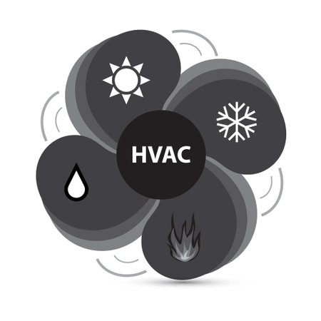 Fan with snowflake symbol, sun, water drop and flame on it with the text hvacのイラスト素材