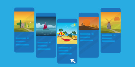 Different smartphone screens with travel images, mobile application page conceptのイラスト素材