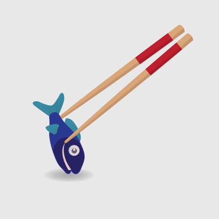 Chopsticks holding a cute blue fish characterのイラスト素材