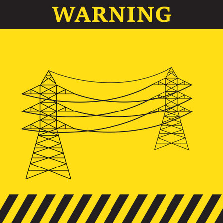 Warning symbol on yellow background with power lines and electric pylons