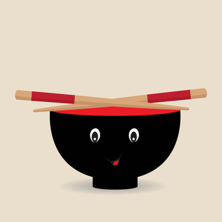 Cute smiling black bowl with chopsticksのイラスト素材