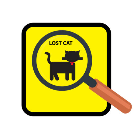 Magnifying glass on a yellow square with the silhouette of a cat and the text lost catのイラスト素材