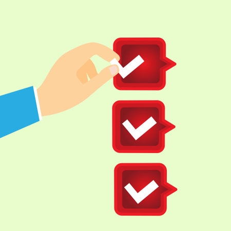 Hand putting a check mark on a red speech bubbleのイラスト素材