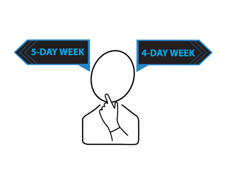 Character of a person with two arrows with the words 5 day week and 4 day weekのイラスト素材