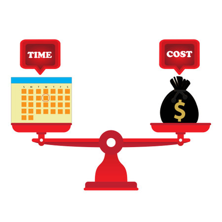 Scale of balance between cost and time with sack of dollars, calendar and speech bubblesのイラスト素材