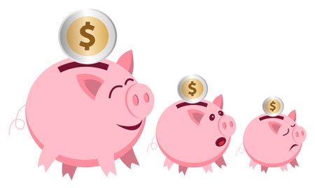 Three piggy banks and dollar coins of different sizesのイラスト素材