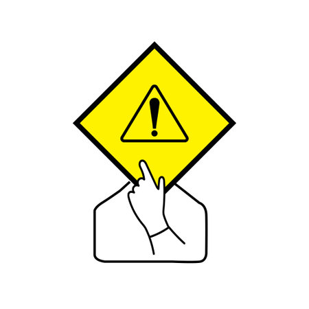 Person holding a yellow diamond shape on his face with warning, attention symbolのイラスト素材