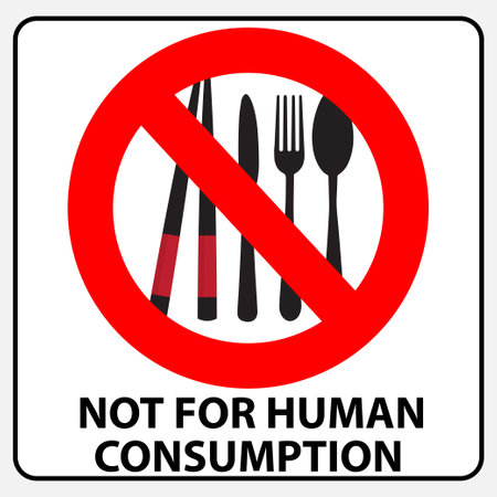 Knife, spoon, fork and chopsticks in red prohibition symbol with the text not for human consumptionのイラスト素材