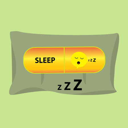 Capsule with a sleeping emoticon on a pillow, sleeping pill conceptのイラスト素材