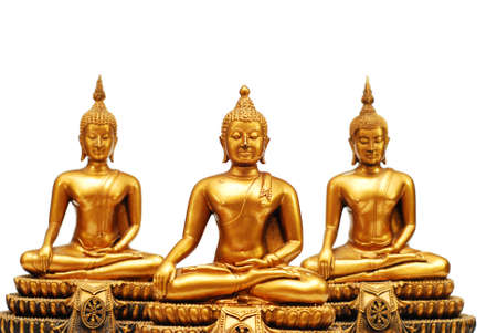 three yellow Buddha image on white backgroundの写真素材
