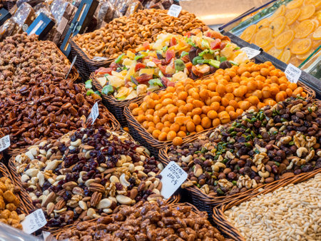 Dried fruit stand at the market La Boqueria, Barcelona
