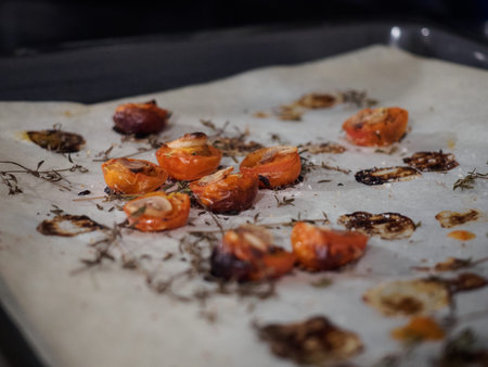 sun dried tomatoes on a baking sheetの写真素材
