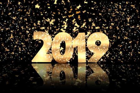 Happy New Year 2019 gold glitter confetti background. Holiday party greeting card backdrop.の写真素材