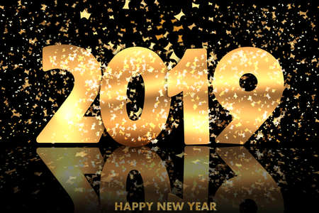 Happy New Year 2019 gold glitter confetti background. Holiday party greeting card backdrop.の写真素材