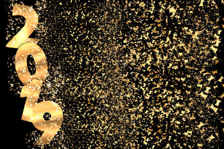Happy New Year 2019 gold glitter confetti background. Holiday party greeting card backdrop.の写真素材