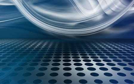 White and blue background. Futuristic motion waves perspective design. Dots floor with empty light room.の写真素材