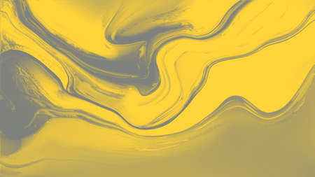 Fluid marbled texture. Modern background with splash paint. Liquid ink alcohol yellow and gray waves design. Trendy colors of 2021.の写真素材