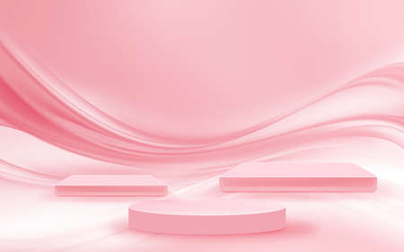 Futuristic pink pastel empty floor and room with podium stages for showcase or display cosmetic or spa products. Modern waves wall background interior design. 3d illustration.の写真素材
