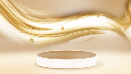 Futuristic golden empty room with light podium stage showcase for display sale cosmetic products. Modern gold color glowing waves wall background interior design. 3d illustration.の写真素材