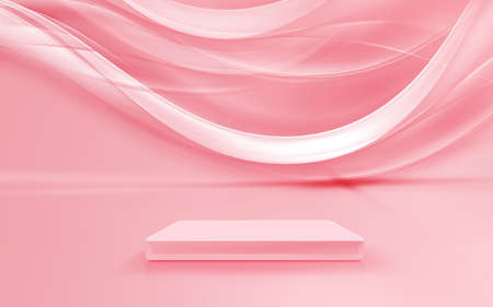 Futuristic empty room with light podium stage showcase for display sale cosmetic products. Modern powder love pink color glowing waves wall background interior design. 3d illustration.の写真素材