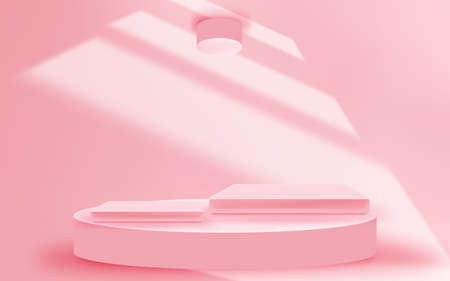 Futuristic pink pastel empty floor and room with podium stages for showcase or display cosmetic or spa products. Modern waves wall background interior design. 3d illustration.の写真素材