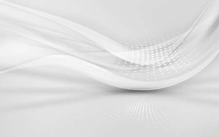 Gray waves background. Futuristic white wavy gradient design. Gray halftone display studio interior texture. 3d illustration.の写真素材