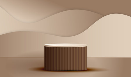 Podium in studio empty place to display product with fluid brown waves vector background. Place with cylinder stage showcase design.のイラスト素材