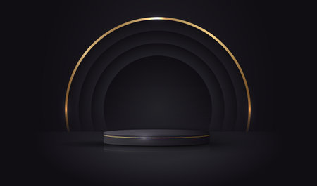 Empty black podium presentation display studio with shine gold light lines and dark circles vector on black background.のイラスト素材