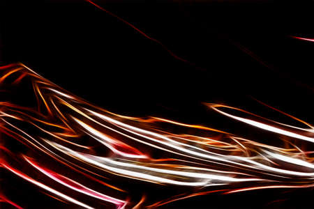Black abstraction with light lines. Dark glossy surface. Dark background with white and red streams.の写真素材