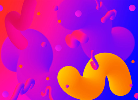 Multi-colored abstraction with fluids and balls on a gradient background. A 3D image with red, pink,...