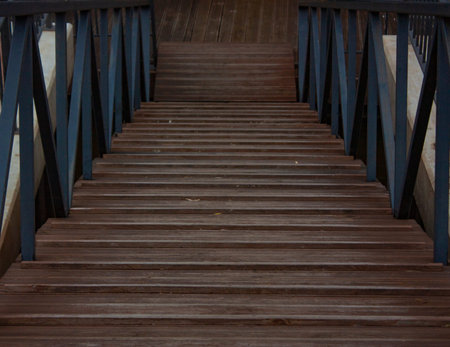 A wooden staircase with brown steps and a metal railing leads down.