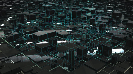 A beautiful abstraction with lots of gray rectangular elements and blue, neon glow. A futuristic...