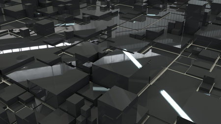 A futuristic city with a bright sun. Beautiful abstraction with lots of gray rectangular elements...
