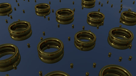 A lot of gold wedding rings and balls, randomly scattered on a glossy surface under a blue sky. Jewelry on the mirrored surface of the table. 3D image.の写真素材