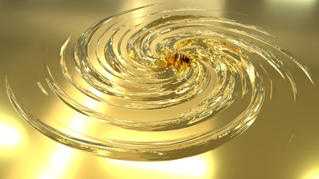 The Milky Way galaxy. Golden texture of a swirling vortex with a center. Gold background with a twisted pattern.の写真素材