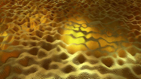 Golden texture with wavy cubes. Golden futuristic background with square elements. 3D image.の写真素材