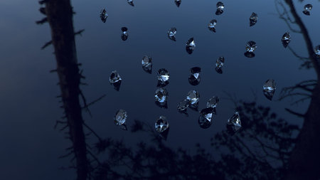 A lot of diamonds are lying on a dark blue glass surface in the forest. Jewelry on a blue background...