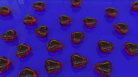 A lot of small dark red hearts on a blue reflective surface. Glass hearts with highlights on a blue background. 3D illustration.の写真素材