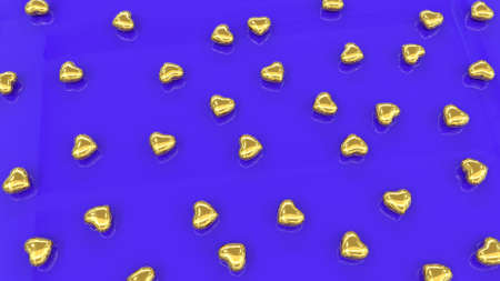 Lots of little golden hearts on a blue reflective surface. Plastic hearts on a blue background. 3D image.の写真素材