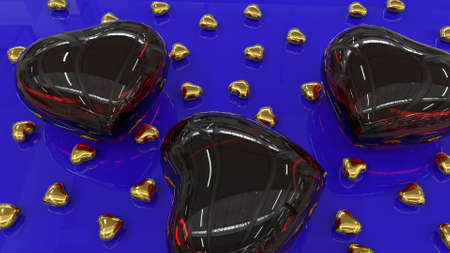 Three dark red and many small golden hearts on a blue reflective surface. Glass hearts with highlights on a blue background. 3D image.の写真素材