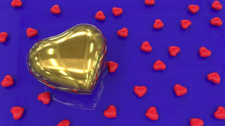 A golden heart and many small red hearts on a blue reflective surface. Plastic hearts on a blue background. 3D image.の写真素材