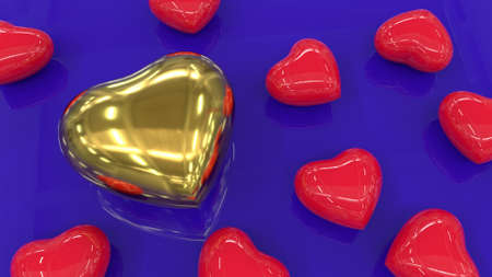 Red shiny hearts and one golden heart on a blue reflective surface. Lots of plastic hearts on a blue background. 3D image.の写真素材