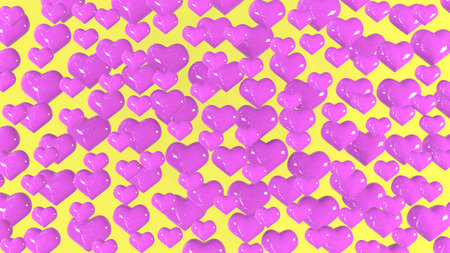 3D image. Festive yellow background with hearts. Lots of pink hearts on a yellow background....