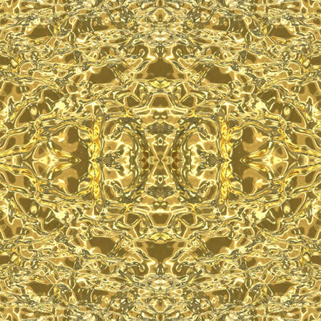 A stream of liquid gold. Yellow seamless mirror background with golden wavy river. 3D image with golden texture.の写真素材