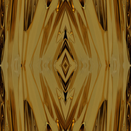 Dark golden abstraction with splashes of liquid gold. Dark yellow seamless mirror background with highlights. 3D image of golden sharp peaks.の写真素材