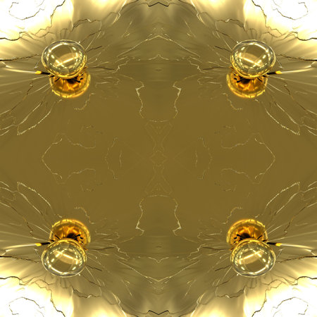 Gold seamless mirror abstraction with transparent ball. A golden drop of liquid gold on a golden...