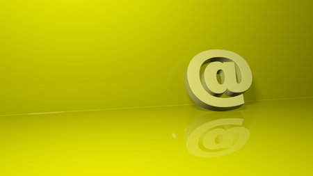The @ symbol is yellow, located on a yellow background. 3D image of the symbol At. 3D rendering.