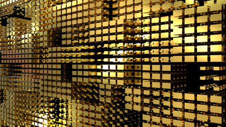A golden wall of many cubes. Abstract background with gold cubes on a black background. 3D...