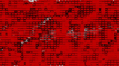 Red abstraction with lots of cubic elements of different sizes. Red textured background with rectangles. 3D image. 3D rendering. 3D illustration.の写真素材