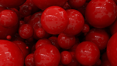 An abstraction with red shiny balls. Red background of red glossy balls with highlights. Lots of red balls. 3D illustration. 3D image. 3D rendering.の写真素材